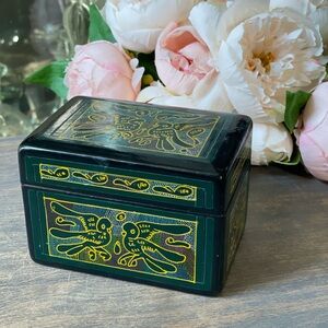 Vintage wooden Olinalá box black & green birds